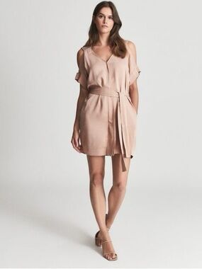 Reiss Blush Cold-Shoulder Satin Mini Dress with Tie Belt